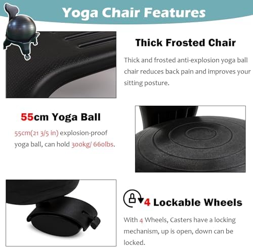 Yoga Ball Chair,Inflatable Balance Exercise Seat, for Core Strength,Office, Physiotherapy (Black)