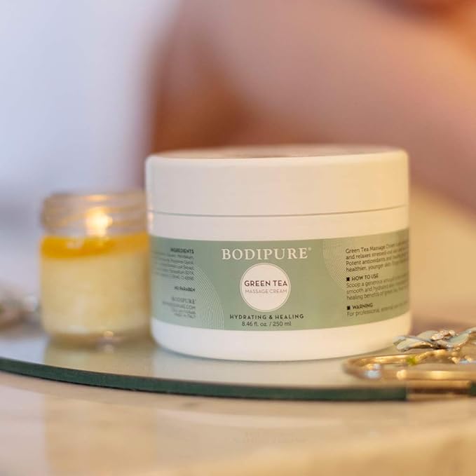 BODIPURE Green Tea Massage Cream - Rich in Antioxidants to Rejuvenate Dry Skin - Skin Moisturizing, and Relaxing Sore Muscles, 8.46 Ounce