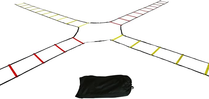 Trademark Innovations Agility Quad Ladder - 12 Adjustable Rungs on Four Training Ladders (Red and Yellow)
