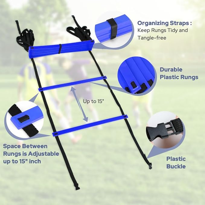GHB Agility Ladder 1 Pack and Hex Agility Rings 1 Pack 12 Rung 20ft with 3 Carrying Bag