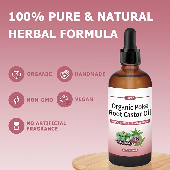 Poke Root Castor Oil Organic - 3.4 Fl Oz - Lymphatic Support Massage Liquid, Supports Boils, Fibroids, Cysts, Swollen Lymph Nodes, Breast & Joint Health, Natural Deep Tissue Relief Drops