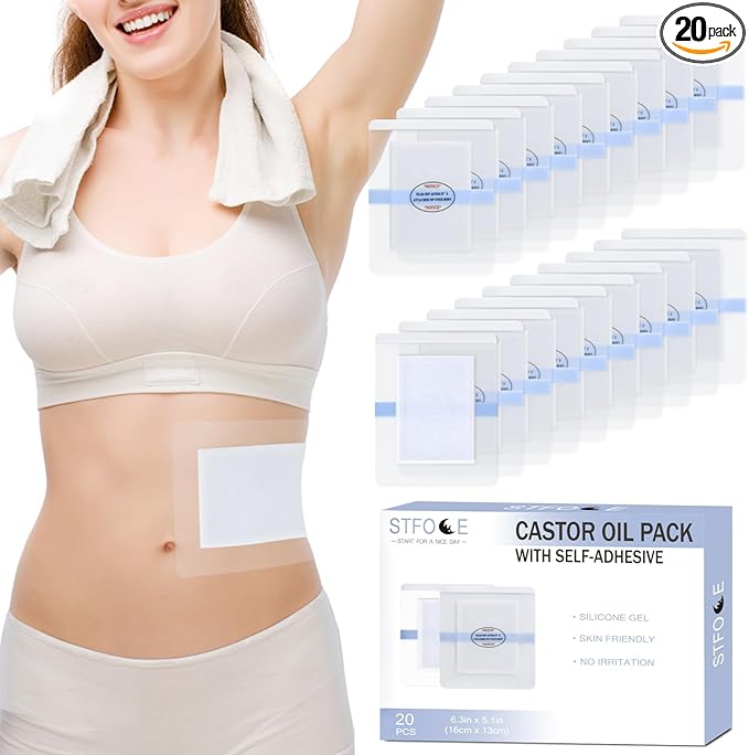 20pcs Castor Oil Pack Wrap, Castor Oil Patches for Abdominal Area, Silicone Gel Technology for Gentle Sensitive Skin Comfort, Low Sensation Wear, Painless Removal