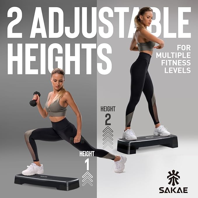 SAKAE Adjustable Aerobic Stepper Kit with Dumbbells & Kettlebell & Weightlifting Belt & Measuring Tape, 2 Level Risers Exercise Step Platform for Home Gym Exercise Fitness Workout, Multiple Colors