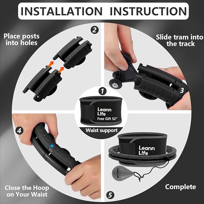 U2 Black-32 Knots 19”- 65”, Detachable & Size Adjustable Weighted Hula Hoop for Kids Adults Weight Loss, Infinity Hoop Plus Size, Abdominal Toner,5 Color Balls, Free Waist Trimmer&Wash Bag