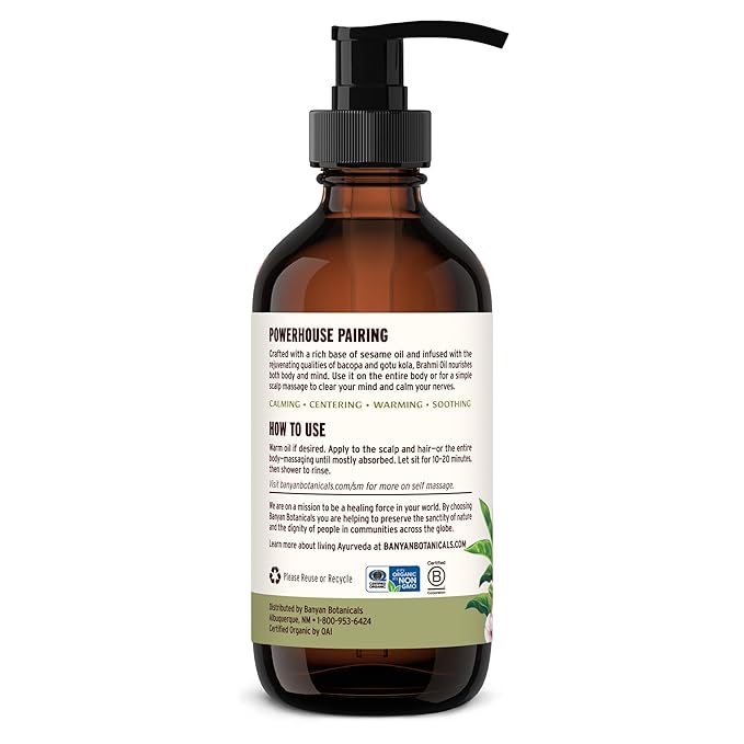 Banyan Botanicals Brahmi Oil with Sesame Base – Organic Ayurvedic Massage Oil with Gotu Kola and Bacopa ­­– Calming Massage Oil for Focus & Relaxation – 8 oz – Non GMO Sustainably Sourced Abhyanga Oil