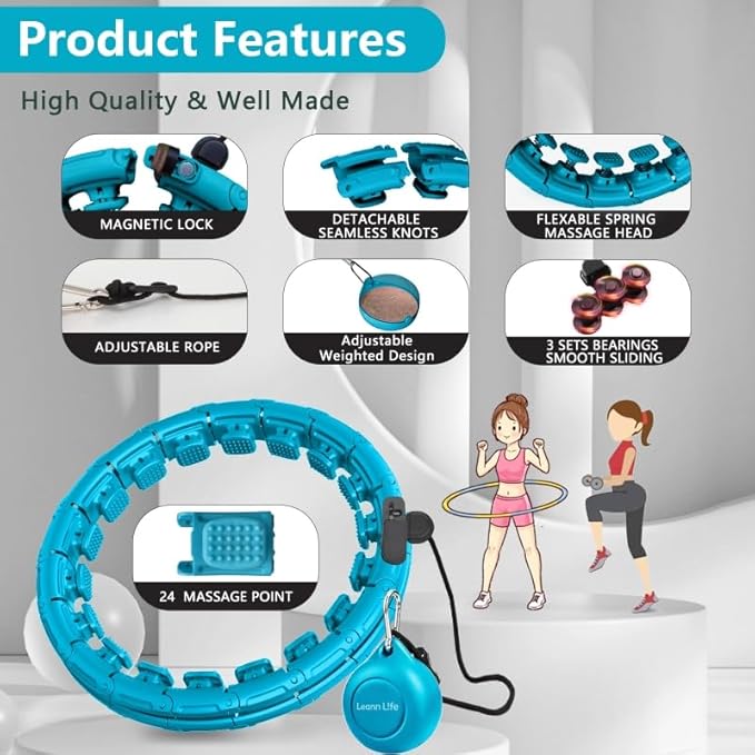 U1 Weighted Hula Hoop – 30 Knots 19"–61" Adjustable Waist, Magnetic Lock with Spring Massage Heads, Infinity Hoop Plus Size for Adults & Kids, Ab Workout, Weight Loss, Abdominal Toner