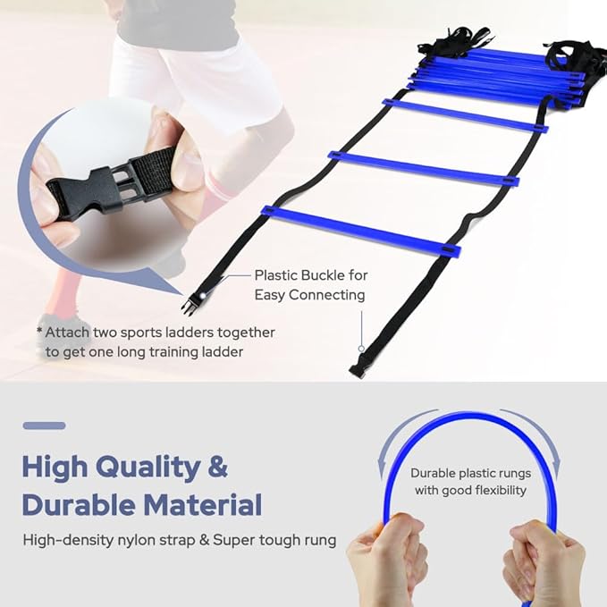 GHB Agility Ladder 1 Pack and Hex Agility Rings 1 Pack 12 Rung 20ft with 3 Carrying Bag