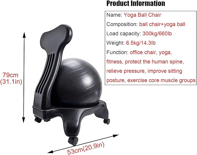 Balance Ball Chair for Adults Office, Yoga Ball Desk Chair Exercise Ball Chair with Wheels and Back Support
