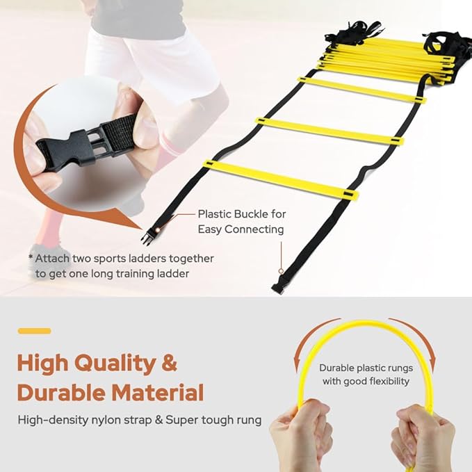 GHB Pro Agility Ladder 2 Pack Agility Training Ladder Speed 12 Rung 20ft with Carrying Bag (Yellow and Orange)