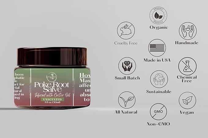 Poke Root & Castor Oil Salve - Cysts, Boils, Fibroids, Swollen Lymph Nodes, Breast & Joint - Vegan Lymphatic Support Massage Balm - Natural Deep Tissue Relief Ointment - Handmade in The USA