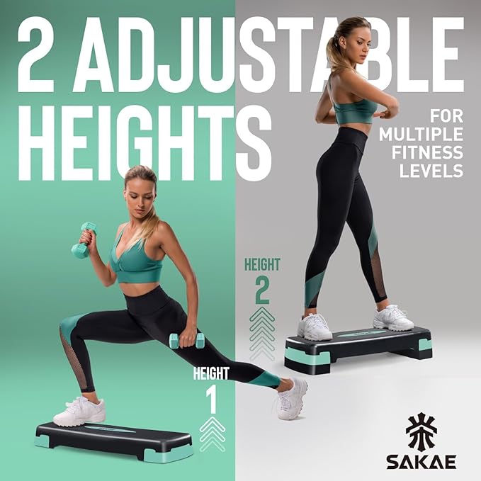 SAKAE Step Aerobics Platform Set with Dumbbells & Measuring Tape, Aerobic Steppers for Exercise at Home, Adjustable Height 2 Level Risers Workout Step Trainer with Non-Slip Surface, Multiple Colors