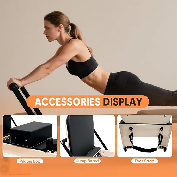 Professional Pilates Reformer Machine with Jumpboard, Reformer Box, and Foot Straps – Studio-Grade Pilates Equipment for Home Use, Adjustable Resistance & Smooth Glide System