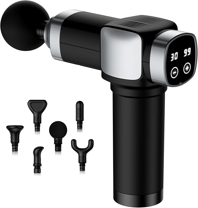 Deep Tissue Massage Gun, Portable Percussion Muscle Massager with 30 Speeds & 6 Attachments, Handheld Electric Back & Neck Massager for Pain Relief