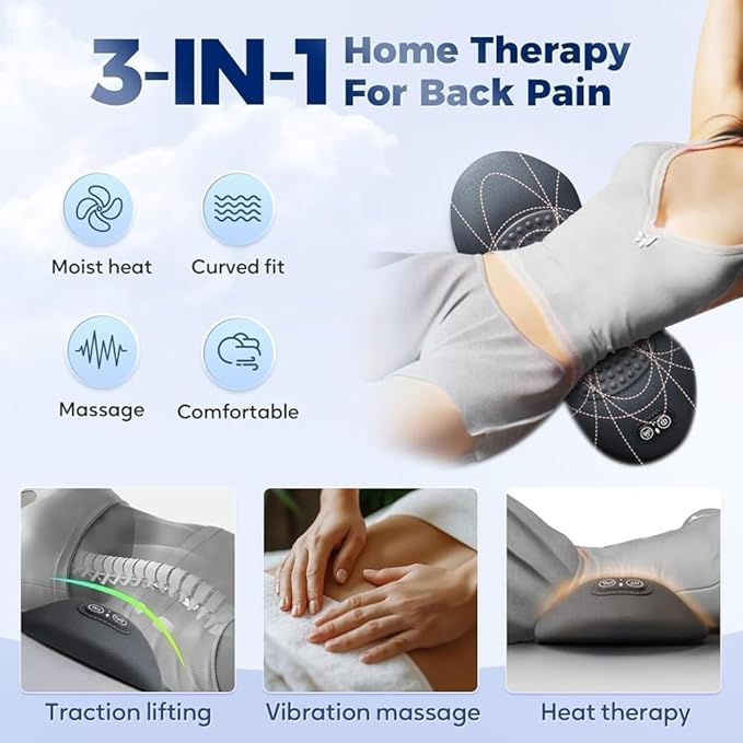 Smooth Triple Fusion Back Massager,3 in 1 Back Massagerr,Electric Lumbar Support Pillow Heat Vibration Massage Lower Back Spine Decompression Device(B)