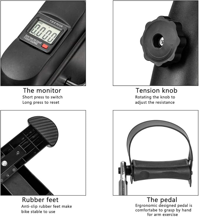 W002K Mini Exercise Bike with Adjustable Resistance,LED Display,Portable Fitness Pedal Stationary Under Desk Foot Pedal Exerciser for Arms and Legs, Home Office Use (Black)