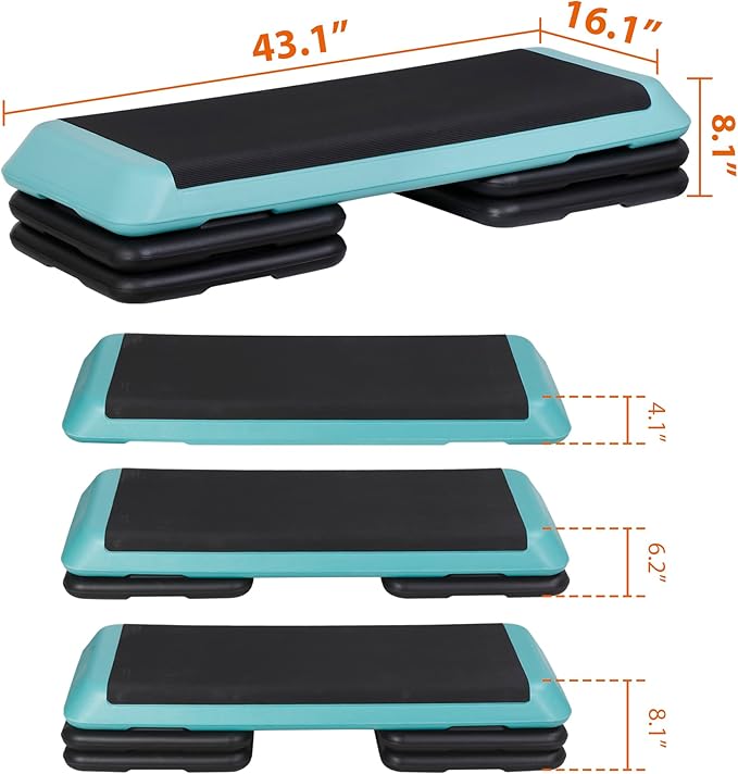43 Inches Aerobic Step Platform 3 Levels Adjustable Aerobic Stepper with 4 Extra Risers and Anti Slip Surface, Exercise Training Workout Equipment for Home&Gym Cardio Strength & Training