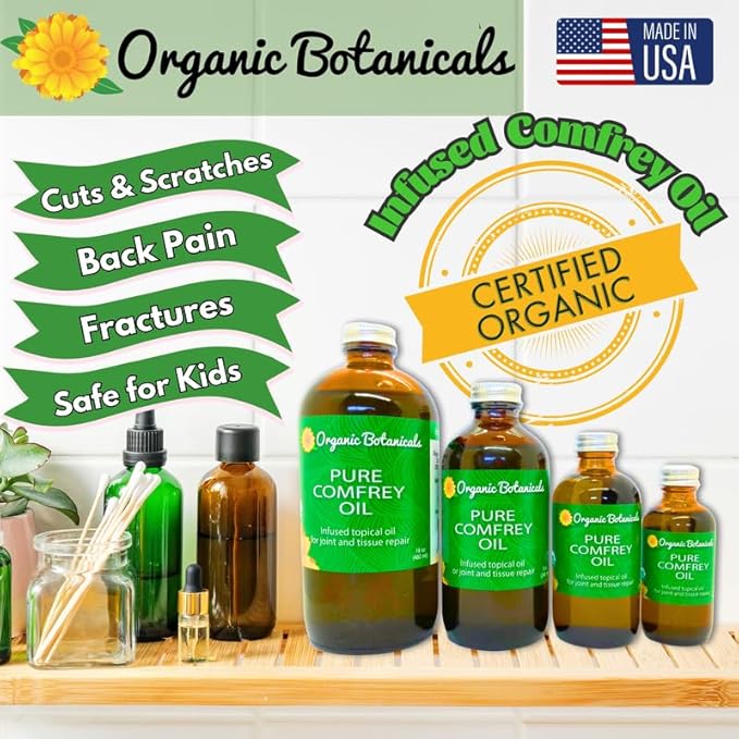 Pure Organic Comfrey Leaf Infused Oil - Skin Care for Joints, Back, Muscles, Fractures, Bruises, and Minor Wounds, Natural Herbal Body Massage Oil, Certified Organic (4 oz)
