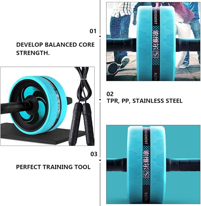Ab Roller Wheel with Knee Pad and Jump Rope, Blue Silent Fitness Wheel for Home Abdominal Exercise and Core Strength Training