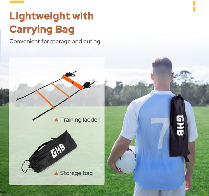 GHB Agility Ladder 1 Pack and Hex Agility Rings 1 Pack 12 Rung 20ft with 3 Carrying Bag