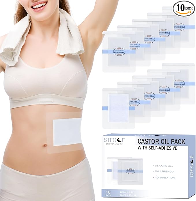 10pcs Castor Oil Pack Wrap, Castor Oil Patches for Abdominal Area, Silicone Gel Technology for Gentle Sensitive Skin Comfort, Low Sensation Wear, Painless Removal