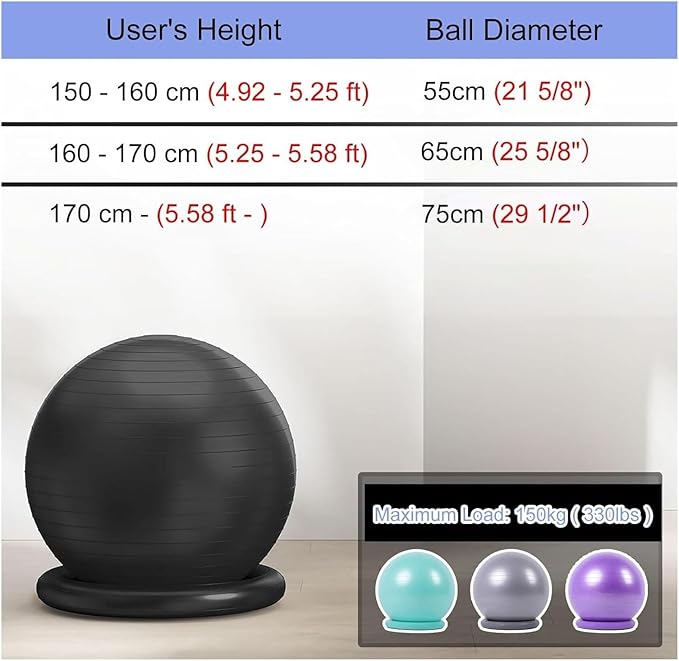 Yoga Ball Chair,Yoga Ball，Exercise Ball, Office Ball Chair with Base & Pump Stability Yoga Ball Seat for Back Pain Relief Home Gym Exercise Ball Chair for Core Strength Training(Purple,Diameter 65cm (