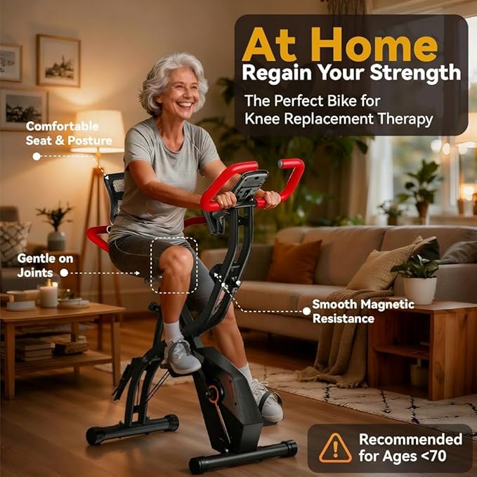 Foldable Exercise Bike for Home, Uright and Recumbent Stationary Bike with Ergonomic Mesh Backrest, Indoor Full Body Quiet Workout Bike, Wide Seat 6.6 Pound Flywheel & 300 LBS Capacity Red