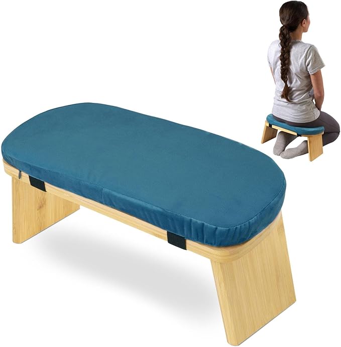 Meditation Bench Kneeling Stool Ergonomic Wood with Soft Cushion, Foldable Portable Prayer Bench, Meditation Stool 16.93x7.48x7.09inch- Blue