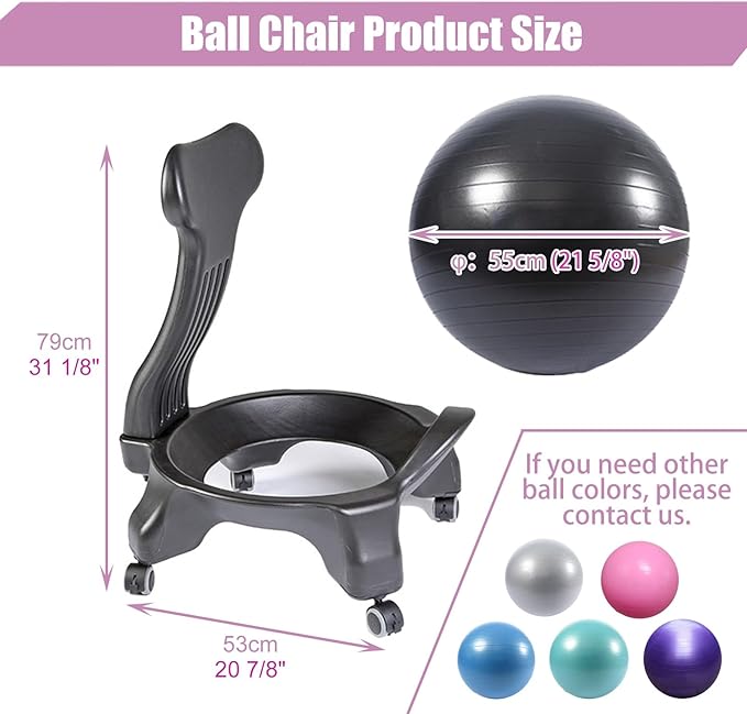 Yoga Ball Chair Pink for Home Desk, Stability Ball ＆ Balance Ball Seat Ergonomic Chair, Exercise Ball Chair with Base ＆ Back Support