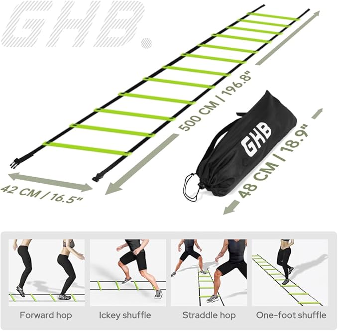 GHB Pro Agility Ladder 2 Pack Agility Training Ladder Speed 12 Rung 20ft with Carrying Bag (Orange and Green)