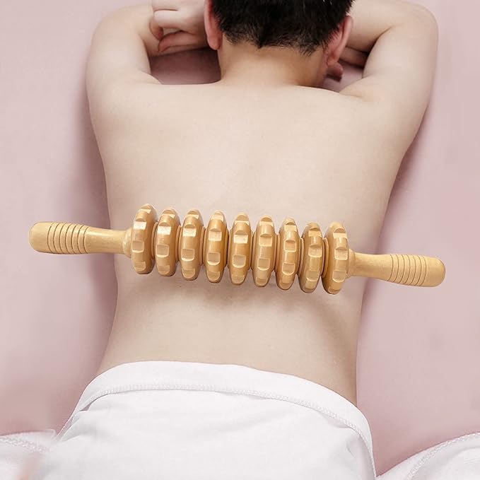 Manual Massager Wooden Handheld Roller Trigger Point Massager Stick for Fascia, Cellulite, Muscle & Abdomen, Body Therapy Massager, Muscle Belly Relief Tool, Natural Wood