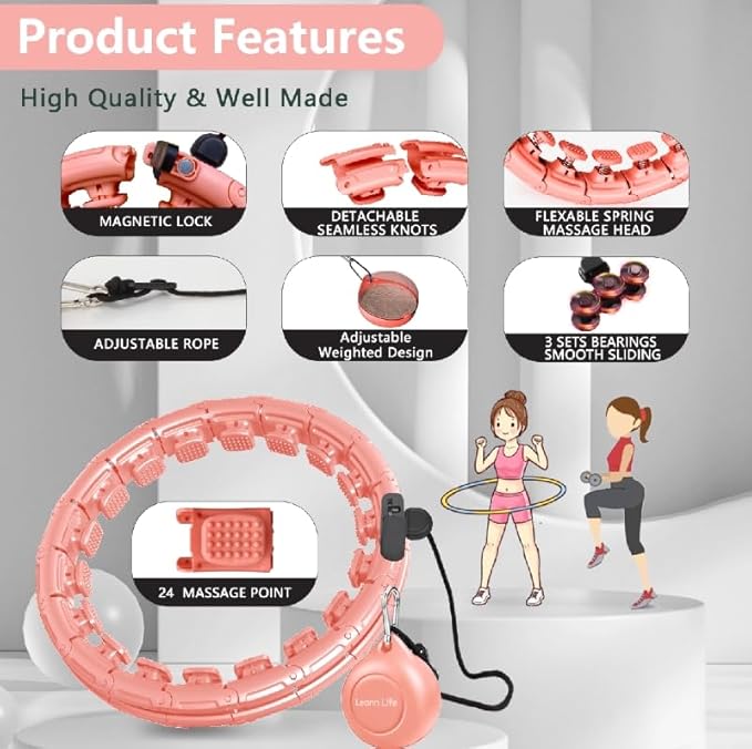 U1 Weighted Hula Hoop – 30 Knots 19"–61" Adjustable Waist, Magnetic Lock with Spring Massage Heads, Infinity Hoop Plus Size for Adults & Kids, Ab Workout, Weight Loss, Abdominal Toner