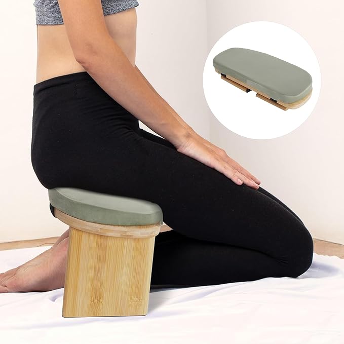 Meditation Bench, Folding Yoga Kneeling Stool, Portable Bamboo Prayer Cushion, Japanese Floor Chair (Green)