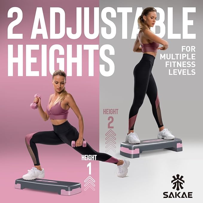 SAKAE Step Aerobics Platform Set with Dumbbells & Measuring Tape, Aerobic Steppers for Exercise at Home, Adjustable Height 2 Level Risers Workout Step Trainer with Non-Slip Surface, Multiple Colors