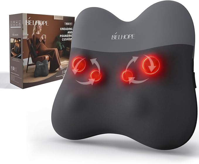 belhope Back Massager with Heat, Cordless Back Massage for Pain Relief Deep Tissue, 4D Shiatsu and Percussion Massage, Lower Back Massager for Office Chair, Mother's Day Gifts for Women Men, Grey
