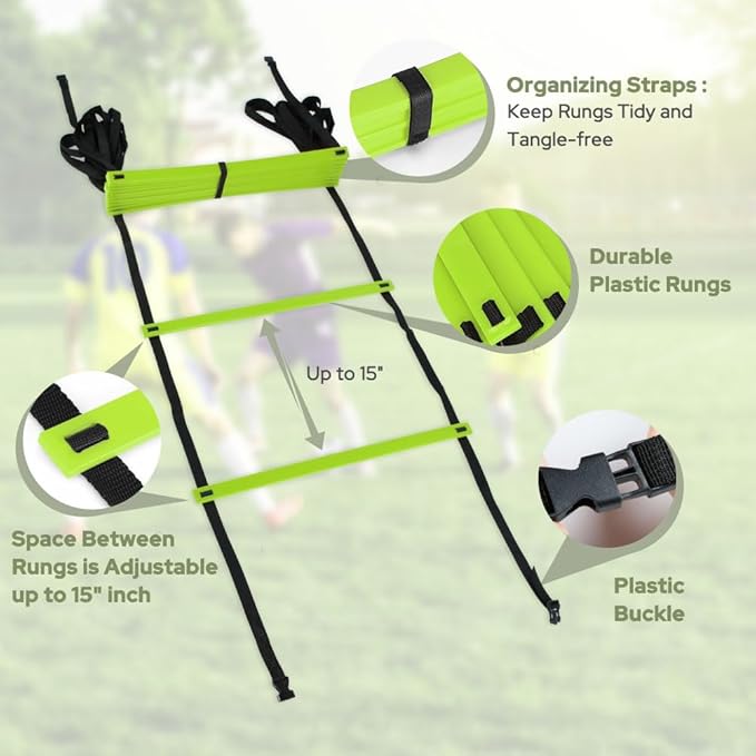 GHB Agility Ladder 1 Pack and 7 Inch 12 Pack Soccer Cones 2 Carrying Bag
