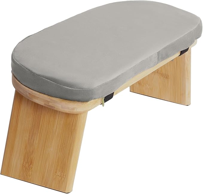 Foldable Meditation Bench with Cushion,Bamboo Meditation Stool,Portable Kneeling Stool,Prayer Bench,Gray,Wood Color