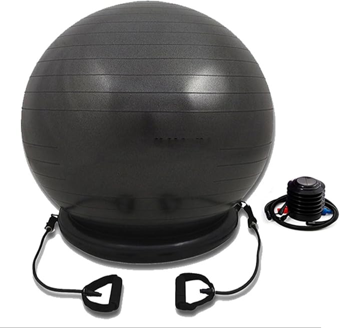 Yoga Ball Chair - Relieve Back Pain, PVC Anti-Burst Exercise Ball Chair for Home Office Desk Workout with Base & Resistance Bands, Backless Bouncy Ball Chair, Inflatable(Diameter 65cm(25 3/5 inch))