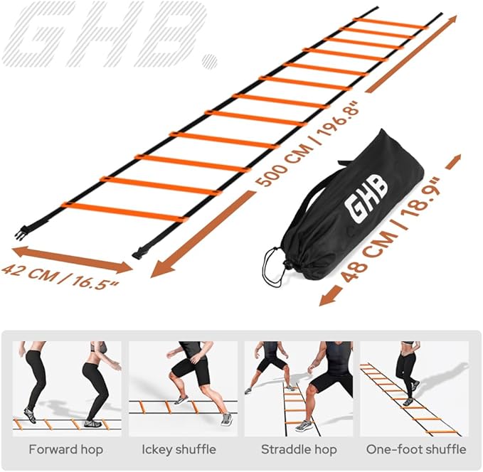 GHB Agility Ladder 1 Pack and 7 Inch 12 Pack Soccer Cones 2 Carrying Bag