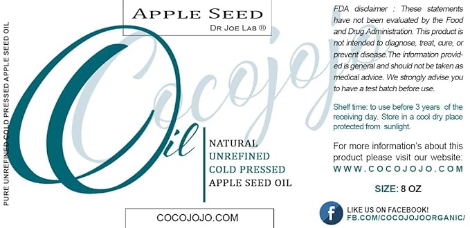 cocojojo Apple Seed Oil - Pure Natural Unrefined 8 oz Extra Virgin Cold Pressed for Face Skin Hands Hair Nails Body Breakouts Pyrus Malus