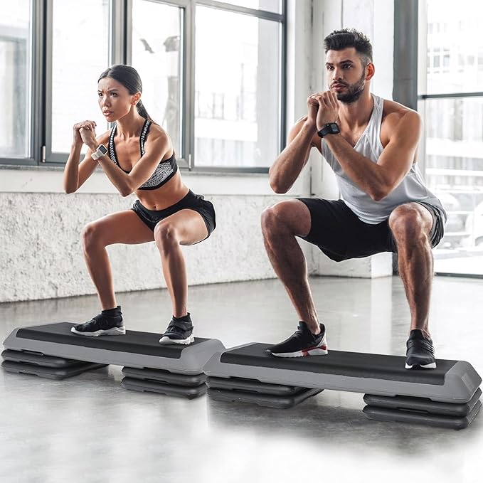43" Exercise Aerobic Step Platform, Adjustable Fitness Stepper, with 4 Removable Risers for Home Gym Cardio Strength and Training