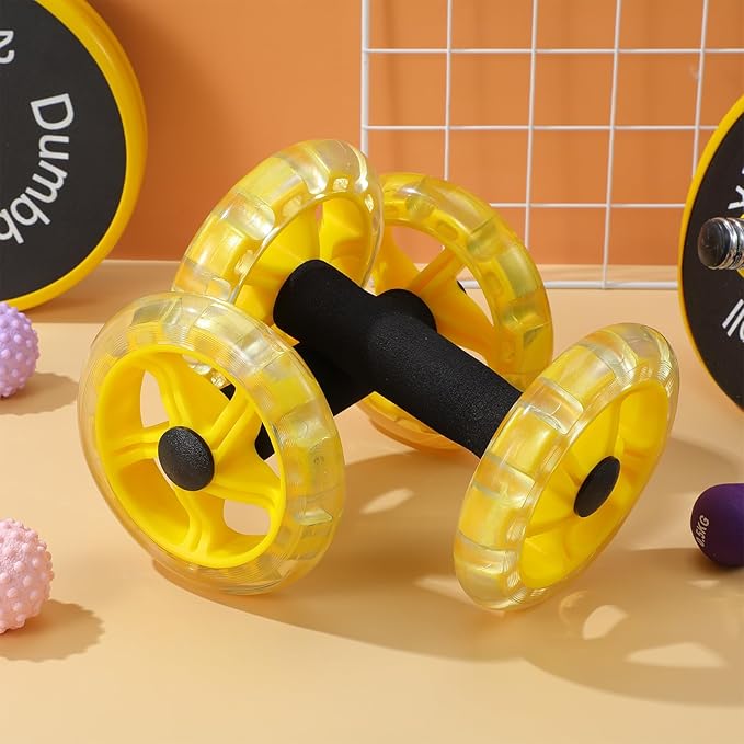 Fitness Wheel Twin-wheel Ab Roller with Wide Grip for Core Strengthening, Yellow Fitness Exercise Device for Home Gym and Weight Loss