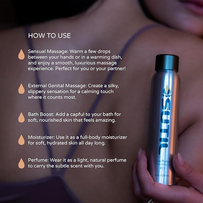 SUTIL Sensual Luxury | Love Potion #23 Massage Oil | Non Sticky Aphrodisiac Essential Oil | Botanical Arousal Oil for Women, Men, & Couples (Love Potion #23, 4 Oz)