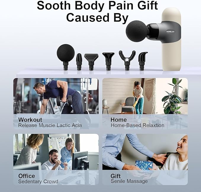 Morelax Mini Massage Gun Portable Deep Tissue Muscle Percussion Massager, Electric Handheld Sport Massager with 6 Massage Heads 4 Speed, Best Gift (Almond)