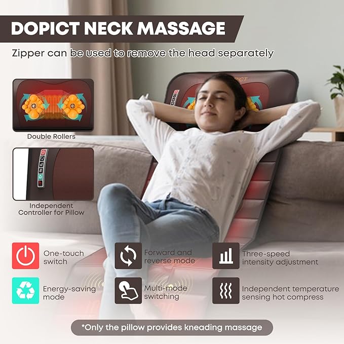 Massage-Mat, Detachable Neck Massager, Full Body Vibration Heating, Massage Pad with 10 Vibrating Motors and 9 Speed Settings for Home Office Use, Brown
