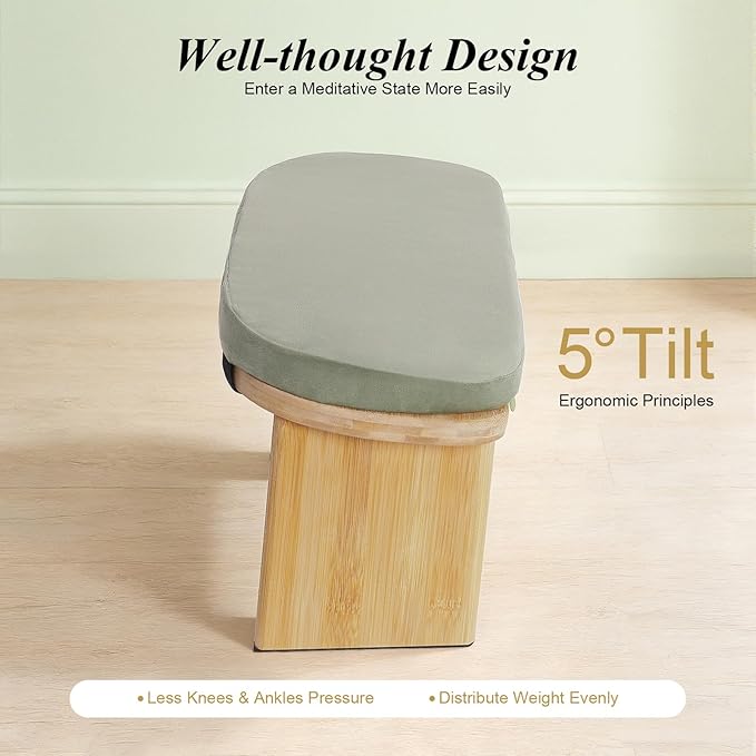 DYNAMI Bamboo Meditation Bench with Sponge Cushion, Portable Foldable Ergonomic Meditation Stool,Wooden Kneeling Stool for Yoga Sitting Prayer,Load Capacity 396lbs (Green)