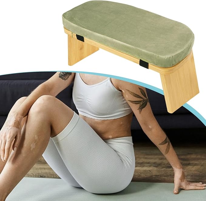 Yoga Meditation Bench Kneeling Stool, Foldable, Wood, with Removable Cushion Ergonomic Prayer Bench Meditation Stool