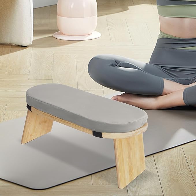 Meditation Bench, Folding Yoga Kneeling Stool, Portable Bamboo Prayer Cushion, Japanese Floor Chair (Grey)
