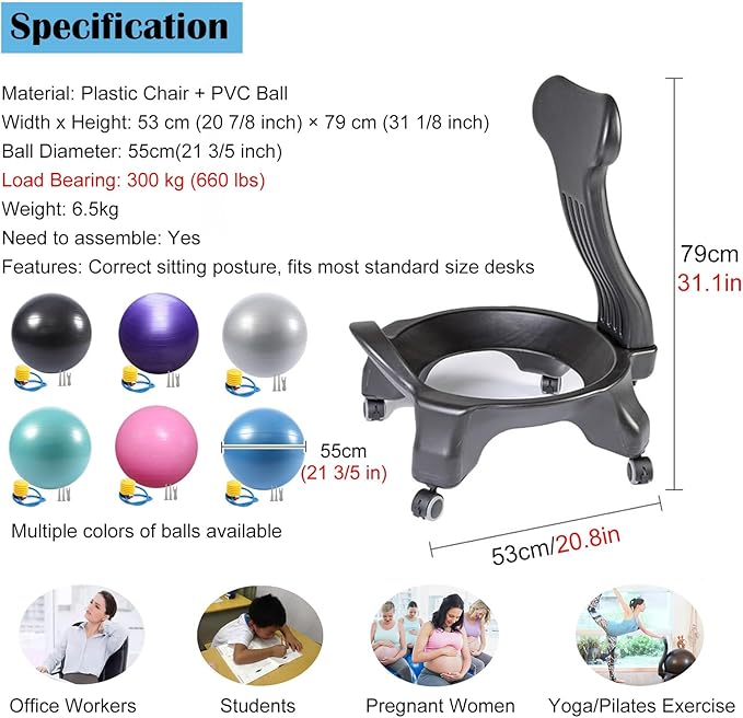 Ergonomic Office Yoga Ball Chairs, Active Sitting Exercise Ball Chair for Adults Desk Improves Back Pain, Balance Ball Chairs with Lockable Wheels and Foot Pump(Purple)