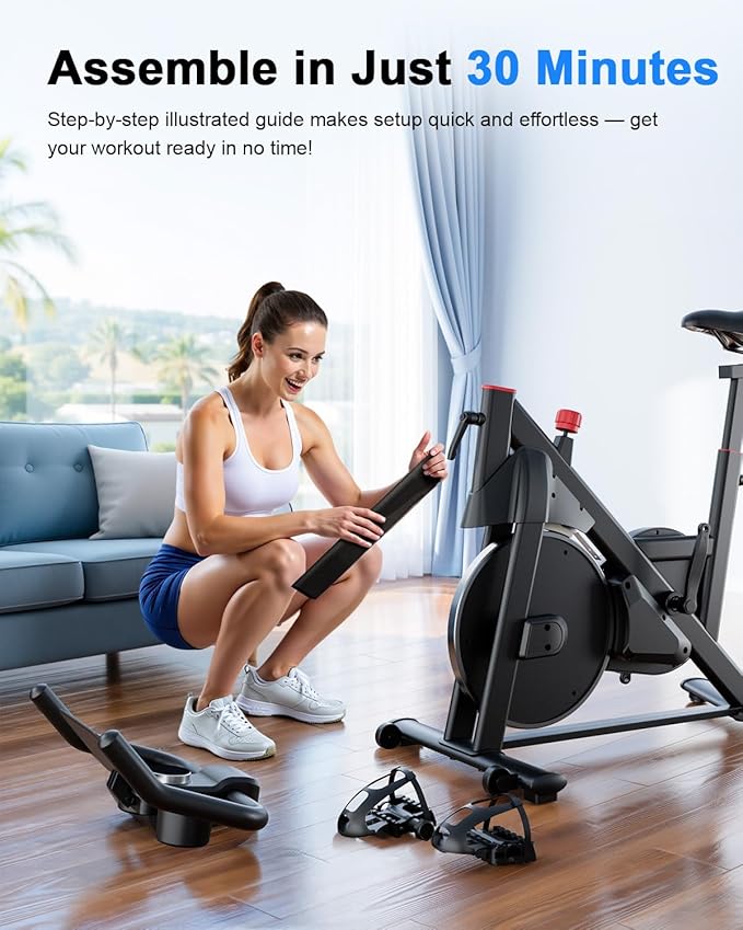 Superun Exercise Bike, Stationary Bikes for Home with Brake Pad, Low Noise Spin Bike with 300LBS Weight Capacity, Indoor Cycling for Home Gym with Pad Mount LCD Monitor and Cup Holder