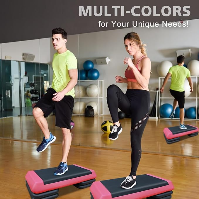 28.5'' Exercise Aerobic Step Platform, 4-6-8inAdjustable Fitness Stepper Workout with 4 Stackable Risers, Aerobics Stepper Workout Stepper for Home Gym Cardio Strength & Training (Red & Gray)